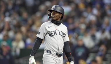 Mar 31, 2026; Seattle, Washington, USA; New York Yankees second baseman Jazz Chisholm Jr. (13) strikes out during the fourth inning at T-Mobile Park. Mandatory Credit: John Froschauer-Imagn Images