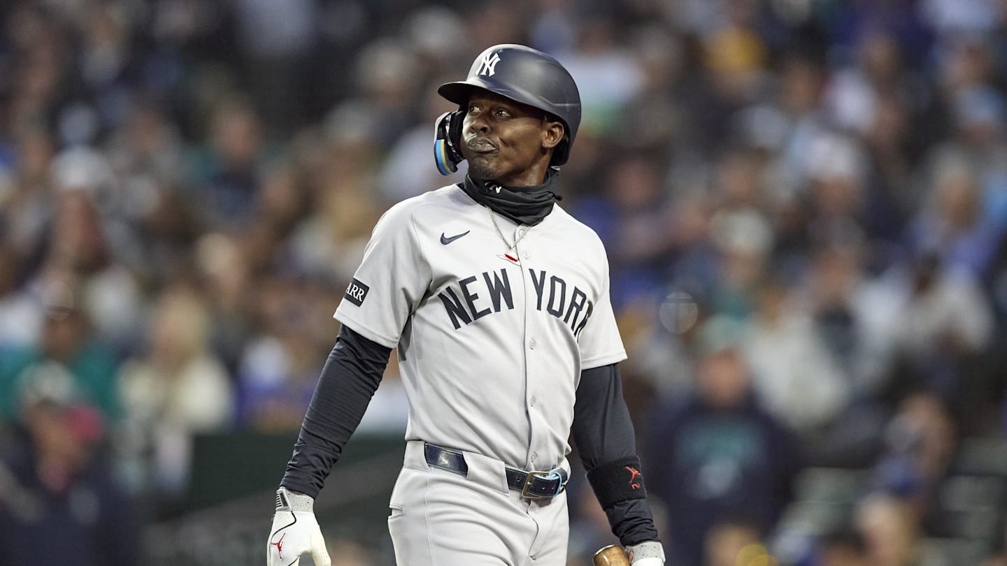 Mar 31, 2026; Seattle, Washington, USA; New York Yankees second baseman Jazz Chisholm Jr. (13) strikes out during the fourth inning at T-Mobile Park. Mandatory Credit: John Froschauer-Imagn Images