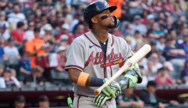 Apr 4, 2026; Phoenix, Arizona, USA; Atlanta Braves outfielder Ronald Acuna Jr. (13) throws his bat after drawing a walk in the top of the third inning of a game against the Arizona Diamondbacks at Chase Field.