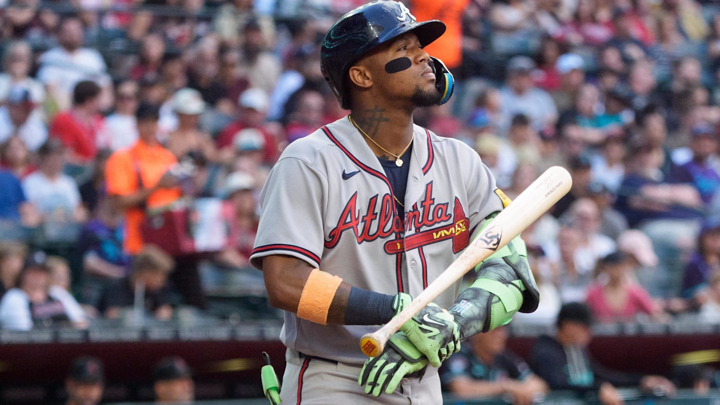 Apr 4, 2026; Phoenix, Arizona, USA; Atlanta Braves outfielder Ronald Acuna Jr. (13) throws his bat after drawing a walk in the top of the third inning of a game against the Arizona Diamondbacks at Chase Field.