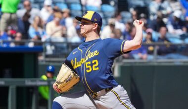 Apr 5, 2026; Kansas City, Missouri, USA; Milwaukee Brewers starting pitcher Kyle Harrison (52) delivers a pitch against the Milwaukee Brewers during the first inning at Kauffman Stadium. Mandatory Credit: Denny Medley-Imagn Images