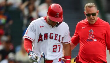 Los Angeles Angels center fielder Mike Trout (27) walks