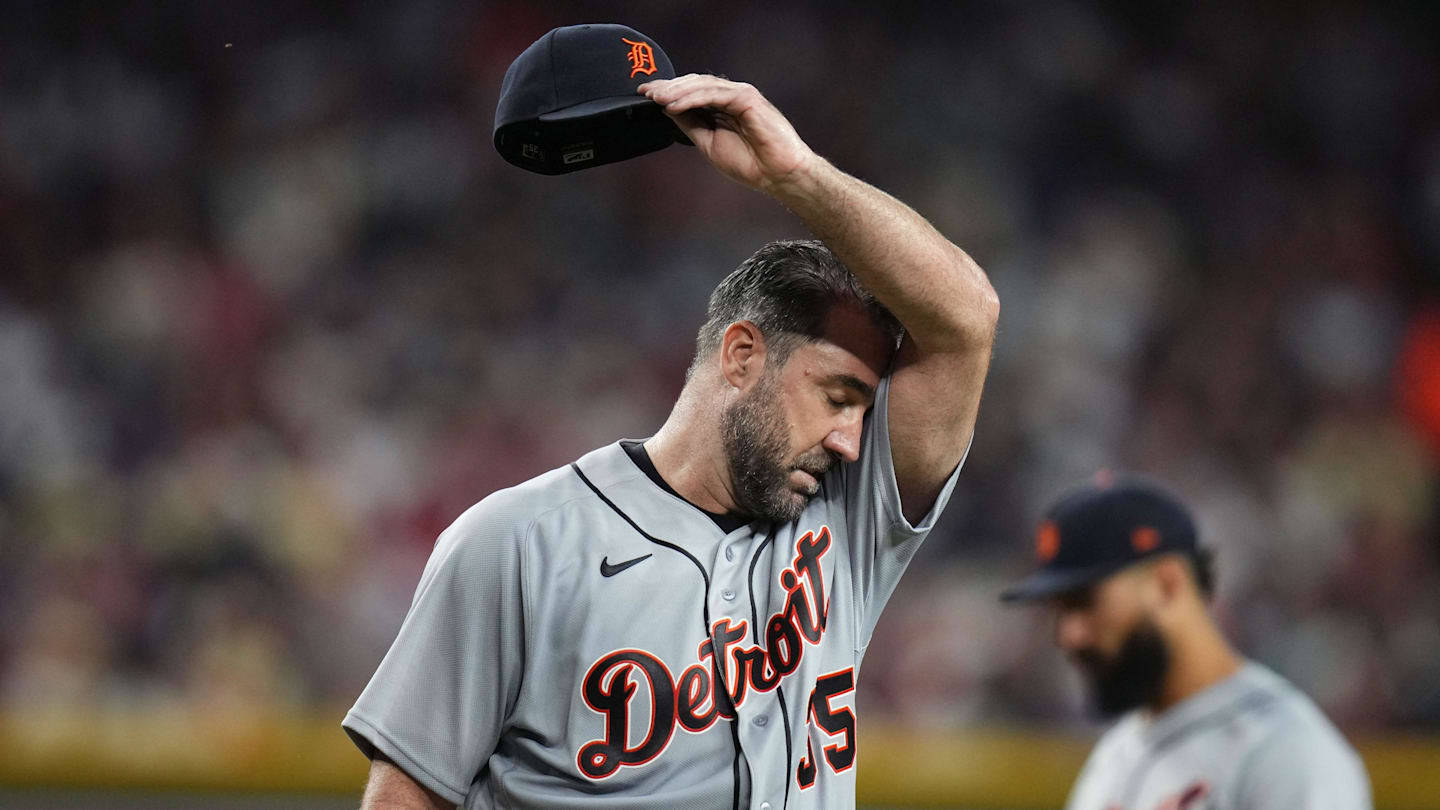 Detroit Tigers pitcher Justin Verlander (35) walks off the mound during their game against the Arizona Diamondbacks at Chase Field on March 30, 2026.