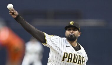Mar 31, 2026; San Diego, California, USA; San Diego Padres starting pitcher Germán Márquez (33) delivers during the first inning against the San Francisco Giants at Petco Park. Mandatory Credit: Denis Poroy-Imagn Images