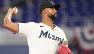 Apr 1, 2026; Miami, Florida, USA;  Miami Marlins starting pitcher Sandy Alcantara (22) pitches against the Chicago White Sox in the first inning at loanDepot Park. Mandatory Credit: Jim Rassol-Imagn Images