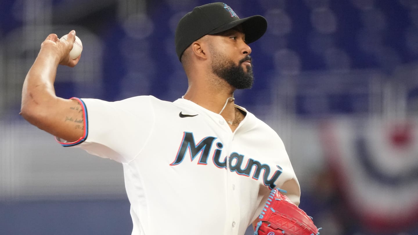 Apr 1, 2026; Miami, Florida, USA;  Miami Marlins starting pitcher Sandy Alcantara (22) pitches against the Chicago White Sox in the first inning at loanDepot Park. Mandatory Credit: Jim Rassol-Imagn Images
