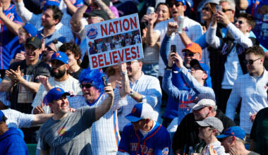 New York Mets fans celebrate on Opening Day, Thursday, March 26, 2026. Their team beat the Pittsburgh Pirates, 11-7.