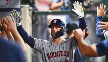 Sep 27, 2025; Anaheim, California, USA; Houston Astros first baseman Christian Walker (8) celebrates with teammates after hitting a solo home run against the Los Angeles Angels during the ninth inning at Angel Stadium. Mandatory Credit: Jonathan Hui-Imagn Images