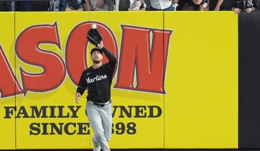 Apr 4, 2026; Bronx, New York, USA; Miami Marlins right fielder Austin Slater (15) catches a fly ball hit by New York Yankees right fielder Aaron Judge (99) (not pictured) during the first inning at Yankee Stadium. Mandatory Credit: Gregory Fisher-Imagn Images