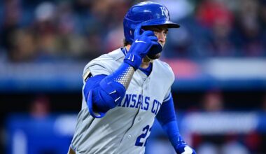 Apr 6, 2026; Cleveland, Ohio, USA; Kansas City Royals catcher Carter Jensen (22) runs the bases after hitting a solo home run off Cleveland Guardians relief pitcher Peyton Pallette (41) during the sixth inning at Progressive Field. Mandatory Credit: David Dermer-Imagn Images