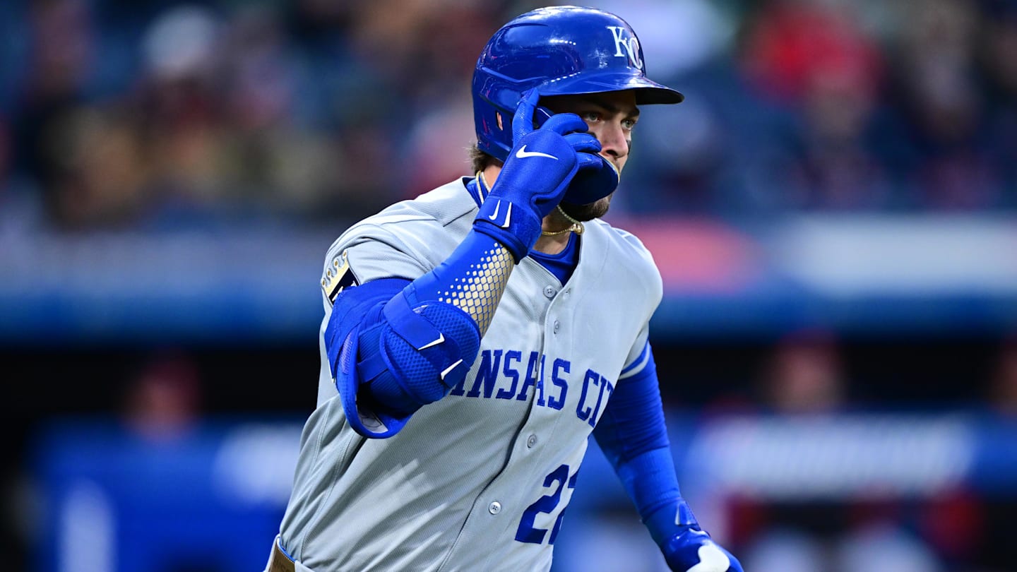 Apr 6, 2026; Cleveland, Ohio, USA; Kansas City Royals catcher Carter Jensen (22) runs the bases after hitting a solo home run off Cleveland Guardians relief pitcher Peyton Pallette (41) during the sixth inning at Progressive Field. Mandatory Credit: David Dermer-Imagn Images