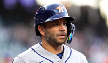 Apr 6, 2026; Denver, Colorado, USA; Houston Astros second baseman Jose Altuve (27) during the first inning against the Colorado Rockies at Coors Field. Mandatory Credit: Ron Chenoy-Imagn Images