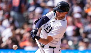 Detroit Tigers outfielder Max Clark walks off the field after warmups before the spring training game against the New York Yankees at George M. Steinbrenner Field in Tampa, Fla. on Saturday, Feb. 21, 2026.