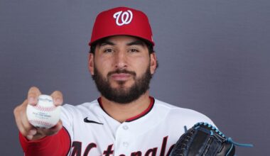 Feb 20, 2026; Palm Beach County, FL, USA;  Washington Nationals pitcher Andre Granillo (79) poses for a portrait during photo day at CACTI Park of the Palm Beaches. Mandatory Credit: Jim Rassol-Imagn Images