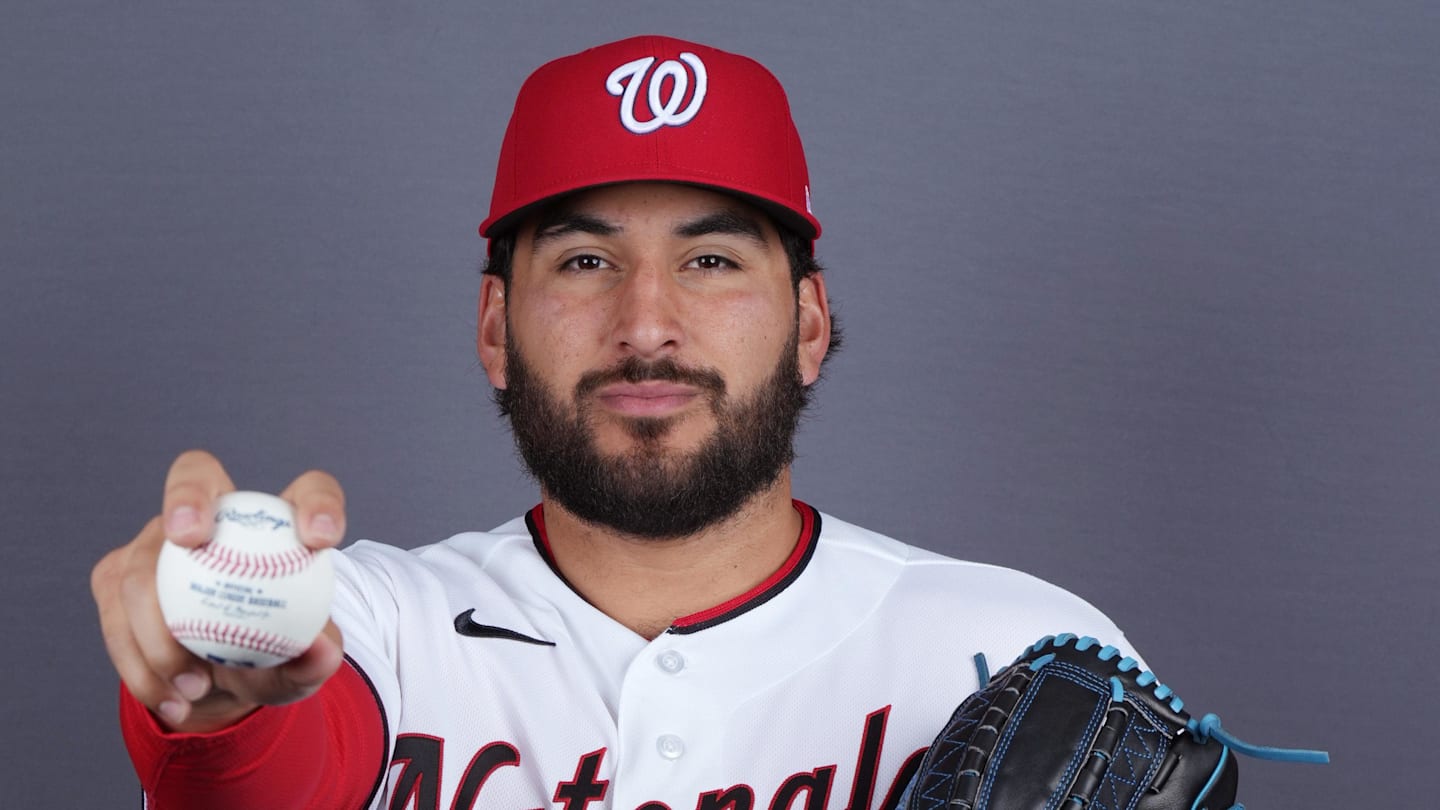 Feb 20, 2026; Palm Beach County, FL, USA;  Washington Nationals pitcher Andre Granillo (79) poses for a portrait during photo day at CACTI Park of the Palm Beaches. Mandatory Credit: Jim Rassol-Imagn Images