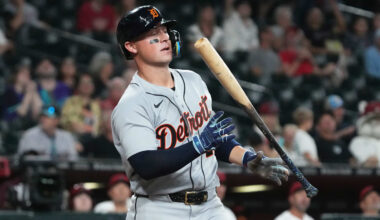 Mar 30, 2026; Phoenix, Arizona, USA; Detroit Tigers first baseman Spencer Torkelson (20) reacts after missing a pitch against the Arizona Diamondbacks in the ninth inning at Chase Field. Mandatory Credit: Rick Scuteri-Imagn Images