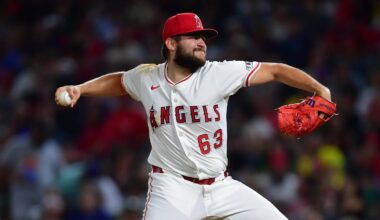 Los Angeles Angels pitcher Chase Silseth (63) throws