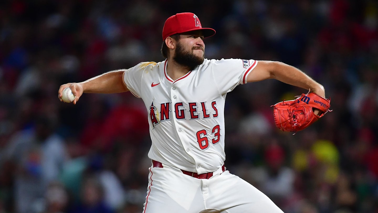 Los Angeles Angels pitcher Chase Silseth (63) throws