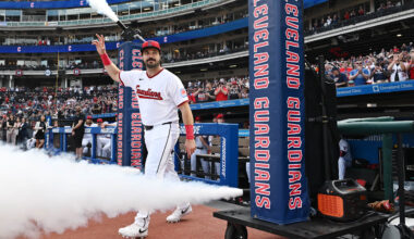Apr 3, 2026: Cleveland Guardians catcher Austin Hedges (27) is introduced before the game between the Guardians and the Chicago Cubs at Progressive Field.