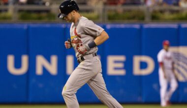 Aug 20, 2016; Philadelphia, PA, USA; St. Louis Cardinals left fielder Jeremy Hazelbaker (41) runs the bases after hitting a two RBI home run during the third inning against the Philadelphia Phillies at Citizens Bank Park. Mandatory Credit: Bill Streicher-Imagn Images