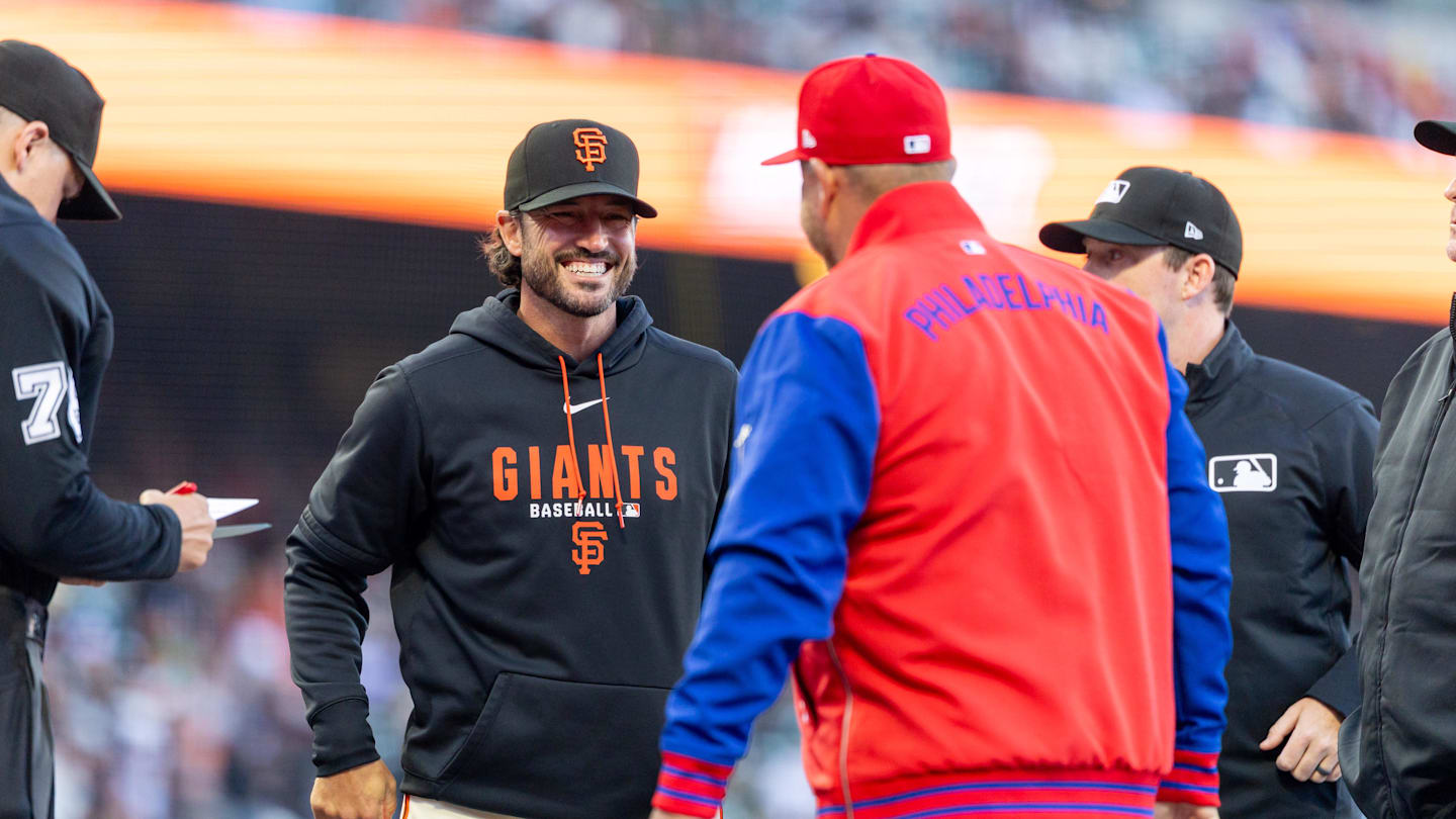 Apr 6, 2026; San Francisco, California, USA; San Francisco Giants manager Tony Vitello reacts before the game against the Philadelphia Phillies at Oracle Park. Mandatory Credit: Bob Kupbens-Imagn Images