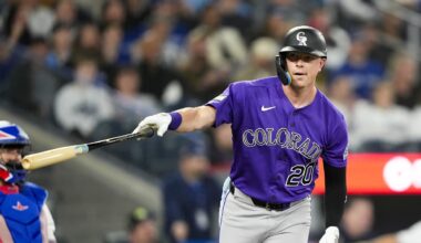 Mar 30, 2026; Toronto, Ontario, CAN;  Colorado Rockies Troy Johnston (20) hits a home rum against the Toronto Blue Jays during the sixth inning at Rogers Centre. Mandatory Credit: Kevin Sousa-Imagn Images