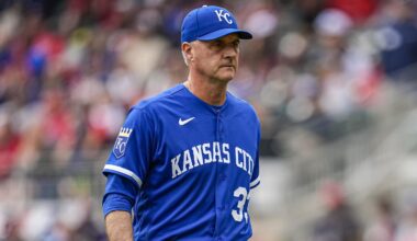 Mar 29, 2026; Cumberland, Georgia, USA; Kansas City Royals manager Matt Quatraro (33) on the field after a pitching change against the Atlanta Braves during the seventh inning at Truist Park. Mandatory Credit: Dale Zanine-Imagn Images