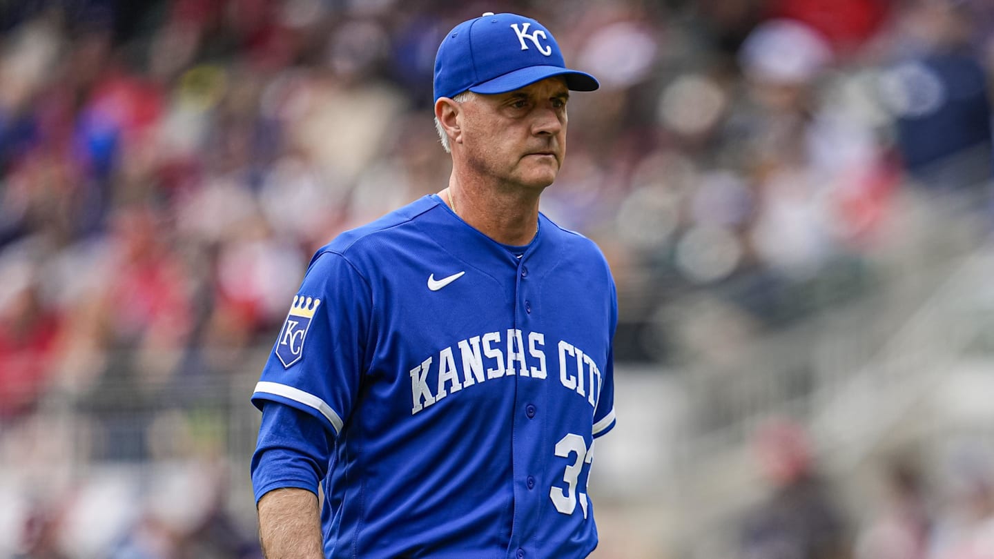 Mar 29, 2026; Cumberland, Georgia, USA; Kansas City Royals manager Matt Quatraro (33) on the field after a pitching change against the Atlanta Braves during the seventh inning at Truist Park. Mandatory Credit: Dale Zanine-Imagn Images