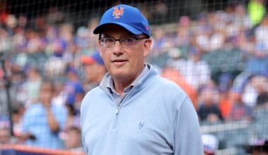 Aug 14, 2025; New York City, New York, USA; New York Mets owner Steve Cohen stands on the field before a ceremony to honor first baseman Pete Alonso (not pictured) for breaking the Mets all time home run record before a game against the Atlanta Braves at Citi Field. Mandatory Credit: Brad Penner-Imagn Images