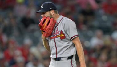 Apr 6, 2026; Anaheim, California, USA; Atlanta Braves pitcher Chris Sale (51) reacts after walking in a run in the fourth inning against the Los Angeles Angels at Angel Stadium. Mandatory Credit: Jayne Kamin-Oncea-Imagn Images