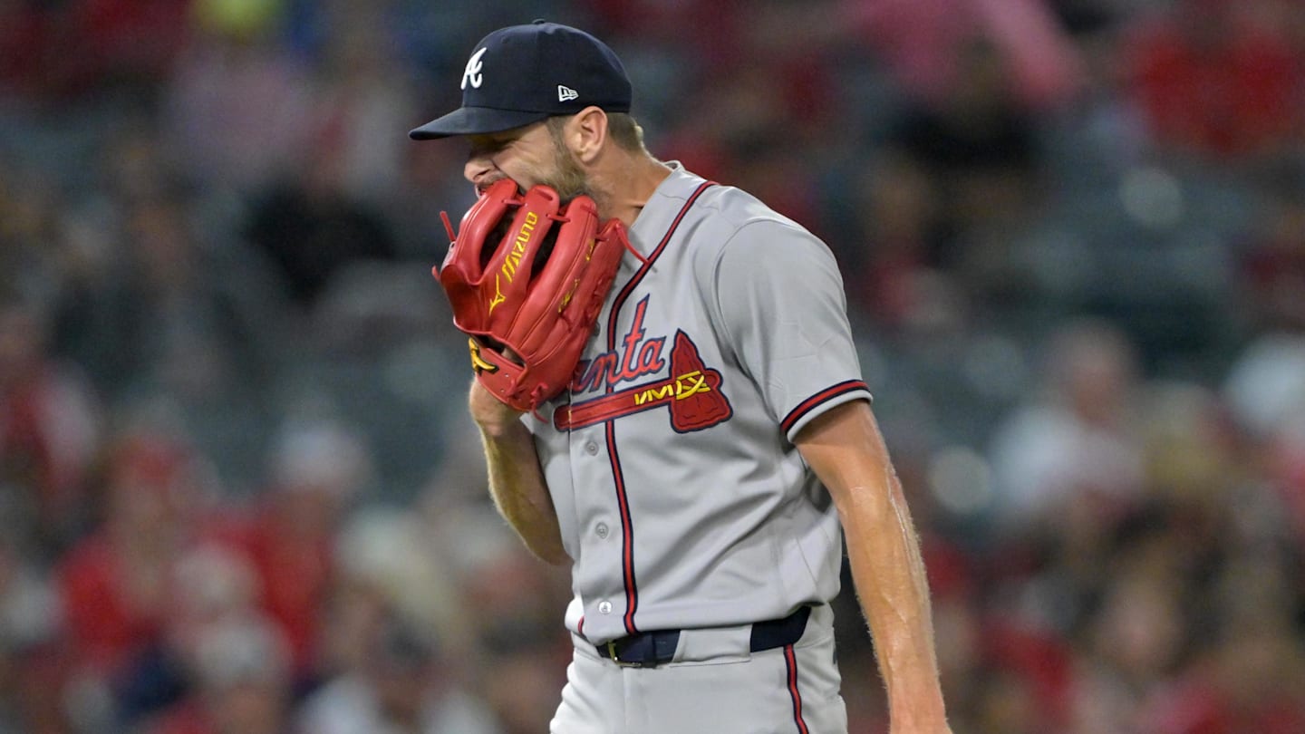 Apr 6, 2026; Anaheim, California, USA; Atlanta Braves pitcher Chris Sale (51) reacts after walking in a run in the fourth inning against the Los Angeles Angels at Angel Stadium. Mandatory Credit: Jayne Kamin-Oncea-Imagn Images