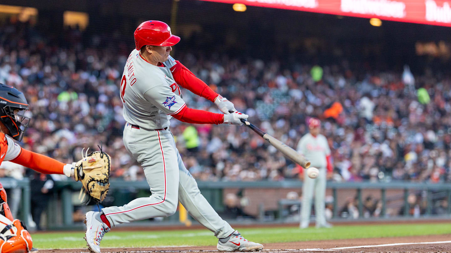 Apr 6, 2026; San Francisco, California, USA; Philadelphia Phillies catcher J.T. Realmuto (10) singles during the second inning San Francisco Giants at Oracle Park. Mandatory Credit: Bob Kupbens-Imagn Images