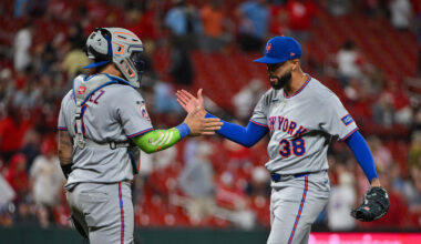 Mar 30, 2026; St. Louis, Missouri, USA; New York Mets pitcher Devin Williams (38) celebrates with catcher Francisco Alvarez (4) after the Mets defeated the St. Louis Cardinals at Busch Stadium. Mandatory Credit: Jeff Curry-Imagn Images