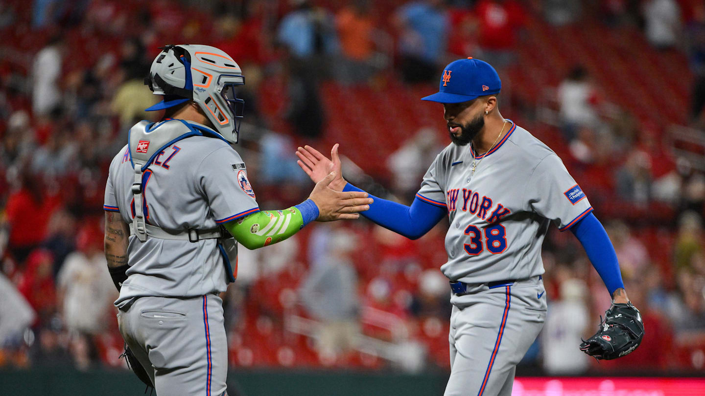 Mar 30, 2026; St. Louis, Missouri, USA; New York Mets pitcher Devin Williams (38) celebrates with catcher Francisco Alvarez (4) after the Mets defeated the St. Louis Cardinals at Busch Stadium. Mandatory Credit: Jeff Curry-Imagn Images