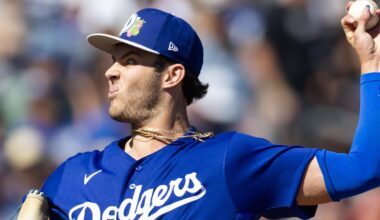 Feb 22, 2026; Peoria, Arizona, USA; Los Angeles Dodgers pitcher Jackson Ferris against the San Diego Padres during a spring training game at Peoria Sports Complex. Mandatory Credit: Mark J. Rebilas-Imagn Images