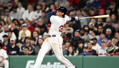 Apr 23, 2025; Boston, Massachusetts, USA; Boston Red Sox first base Triston Casas (36) hits a three-run home run against the Seattle Mariners during the eighth inning at Fenway Park. Mandatory Credit: Brian Fluharty-Imagn Images
