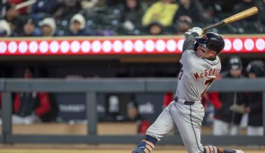 Apr 6, 2026; Minneapolis, Minnesota, USA; Detroit Tigers shortstop Kevin McGonigle (7) hits a double against the Minnesota Twins in the fourth inning at Target Field. Mandatory Credit: Jesse Johnson-Imagn Images