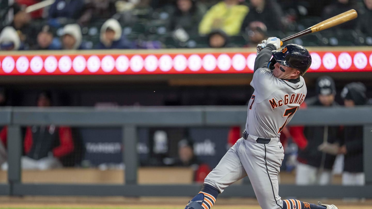 Apr 6, 2026; Minneapolis, Minnesota, USA; Detroit Tigers shortstop Kevin McGonigle (7) hits a double against the Minnesota Twins in the fourth inning at Target Field. Mandatory Credit: Jesse Johnson-Imagn Images