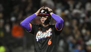 Apr 7, 2026; San Francisco, California, USA; San Francisco Giants catcher Daniel Susac (6) motions to his team mates after advancing to second base during the fifth inning of the game against the Philadelphia Phillies at Oracle Park. Mandatory Credit: Ed Szczepanski-Imagn Images