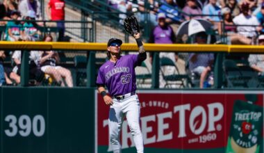 Apr 5, 2026; Denver, Colorado, USA; Colorado Rockies left fielder Jordan Beck (27) makes a catch in the third inning against the Philadelphia Phillies at Coors Field. Mandatory Credit: Isaiah J. Downing-Imagn Images