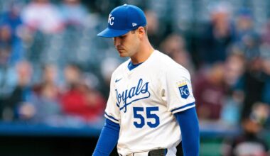 Apr 8, 2025; Kansas City, Missouri, USA; Kansas City Royals pitcher Cole Ragans (55) leaves the field after the second inning against the Minnesota Twins at Kauffman Stadium. Mandatory Credit: William Purnell-Imagn Images