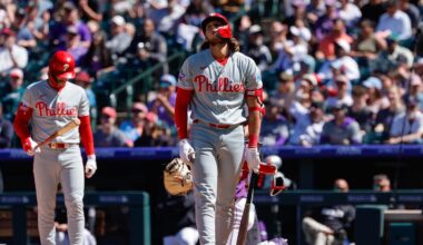 Apr 5, 2026; Denver, Colorado, USA; Philadelphia Phillies third baseman Alec Bohm (28) reacts to an ABS call in the fourth inning against the Colorado Rockies at Coors Field. Mandatory Credit: Isaiah J. Downing-Imagn Images