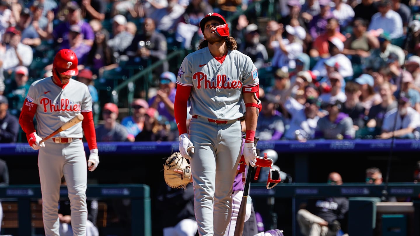 Apr 5, 2026; Denver, Colorado, USA; Philadelphia Phillies third baseman Alec Bohm (28) reacts to an ABS call in the fourth inning against the Colorado Rockies at Coors Field. Mandatory Credit: Isaiah J. Downing-Imagn Images