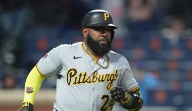 Mar 28, 2026; New York City, New York, USA; Pittsburgh Pirates designated hitter Marcell Ozuna (24) runs out a single against the New York Mets during the eleventh inning at Citi Field. Mandatory Credit: Gregory Fisher-Imagn Images