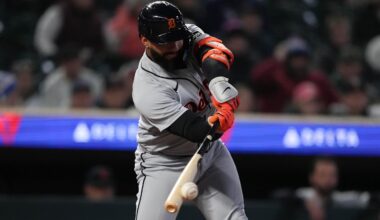 Apr 8, 2026; Minneapolis, Minnesota, USA; Detroit Tigers designated hitter Gleyber Torres (25) hits a single during the sixth inning against the Minnesota Twins at Target Field. Mandatory Credit: Jordan Johnson-Imagn Images