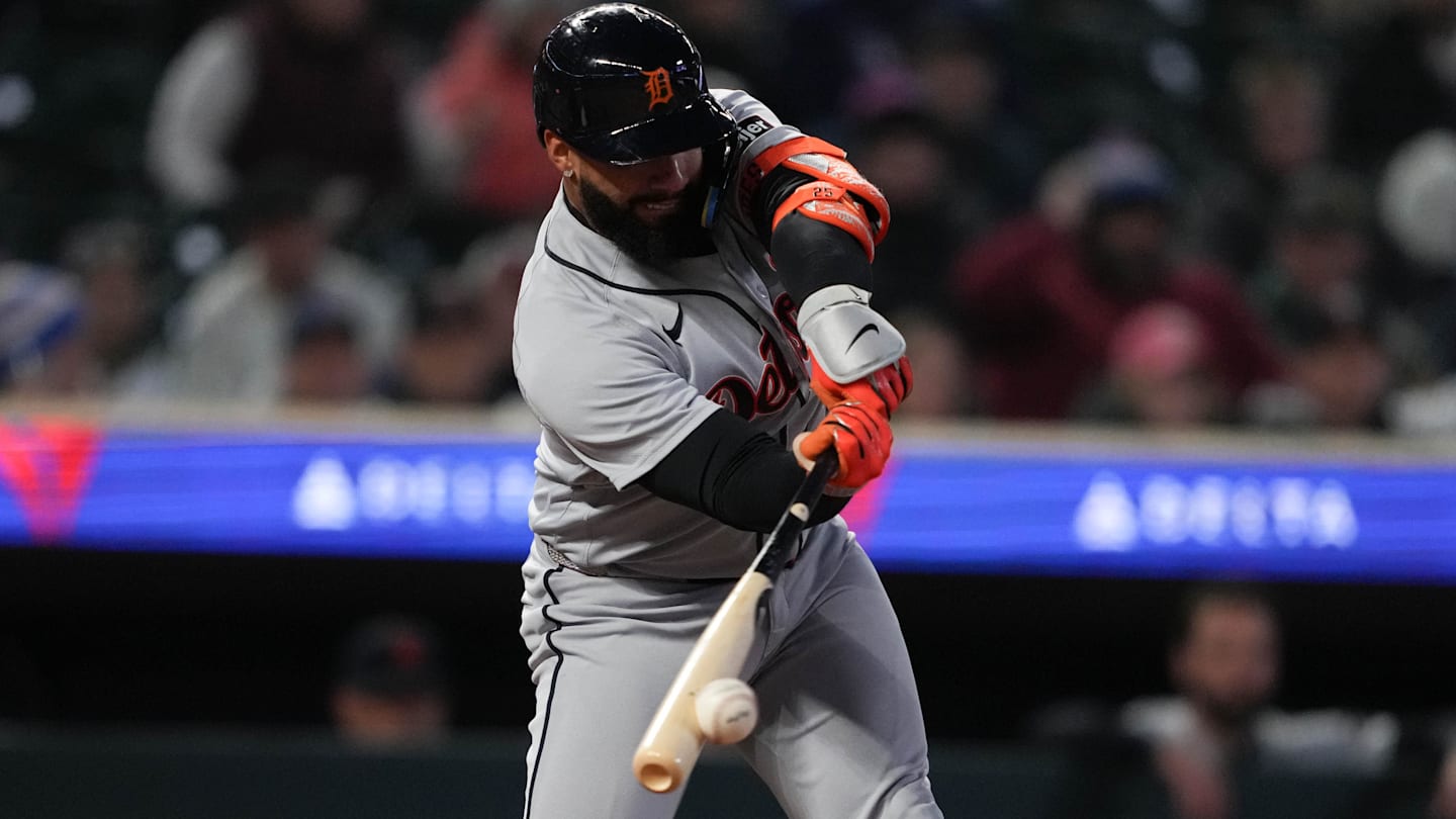 Apr 8, 2026; Minneapolis, Minnesota, USA; Detroit Tigers designated hitter Gleyber Torres (25) hits a single during the sixth inning against the Minnesota Twins at Target Field. Mandatory Credit: Jordan Johnson-Imagn Images