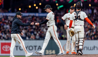 Apr 6, 2026; San Francisco, California, USA; San Francisco Giants pitcher Ryan Borucki (47) is relieved by San Francisco Giants manager Tony Vitello during the seventh inning against the Philadelphia Phillies at Oracle Park. Mandatory Credit: Bob Kupbens-Imagn Images