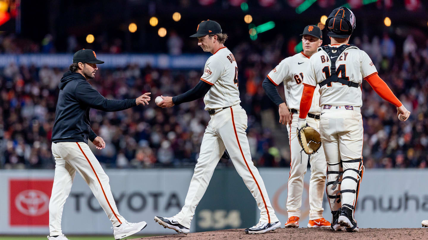 Apr 6, 2026; San Francisco, California, USA; San Francisco Giants pitcher Ryan Borucki (47) is relieved by San Francisco Giants manager Tony Vitello during the seventh inning against the Philadelphia Phillies at Oracle Park. Mandatory Credit: Bob Kupbens-Imagn Images