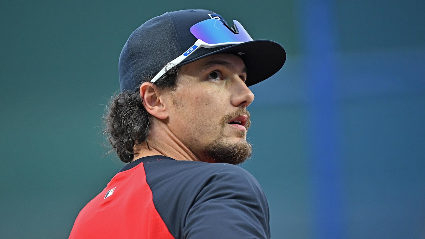Apr 1, 2026; Kansas City, Missouri, USA;  Minnesota Twins center fielder James Outman (30) looks on during batting practice before a game against the Kansas City Royals at Kauffman Stadium. Mandatory Credit: Peter Aiken-Imagn Images