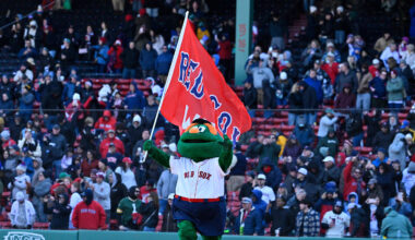 Apr 8, 2026; Boston, Massachusetts, USA; Wally the Boston Red Sox mascot celebrates the team's victory against the Milwaukee Brewers at Fenway Park. Mandatory Credit: Eric Canha-Imagn Images